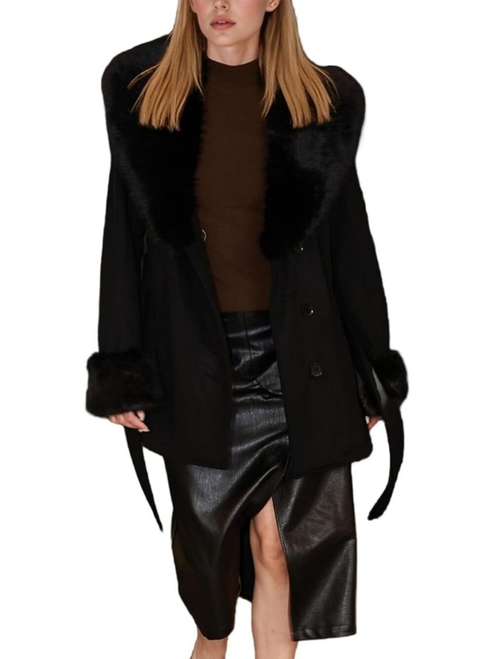 Elegant Detachable Faux Fur Collar Trench Coat for Women - Stylish Outerwear